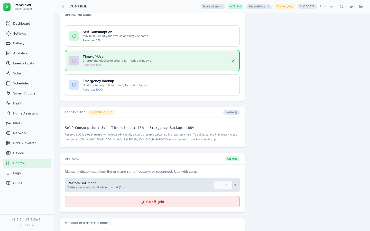 The Control tab: Operating Mode and Off-grid