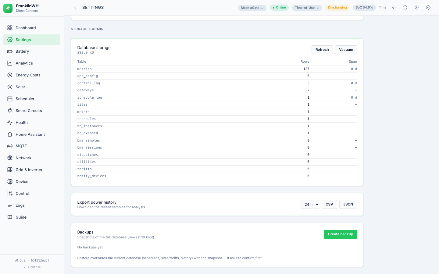 Settings → Admin → Database storage