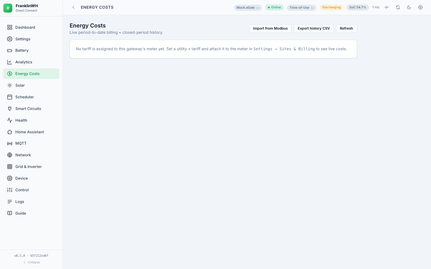 The Energy Costs tab before a tariff is assigned