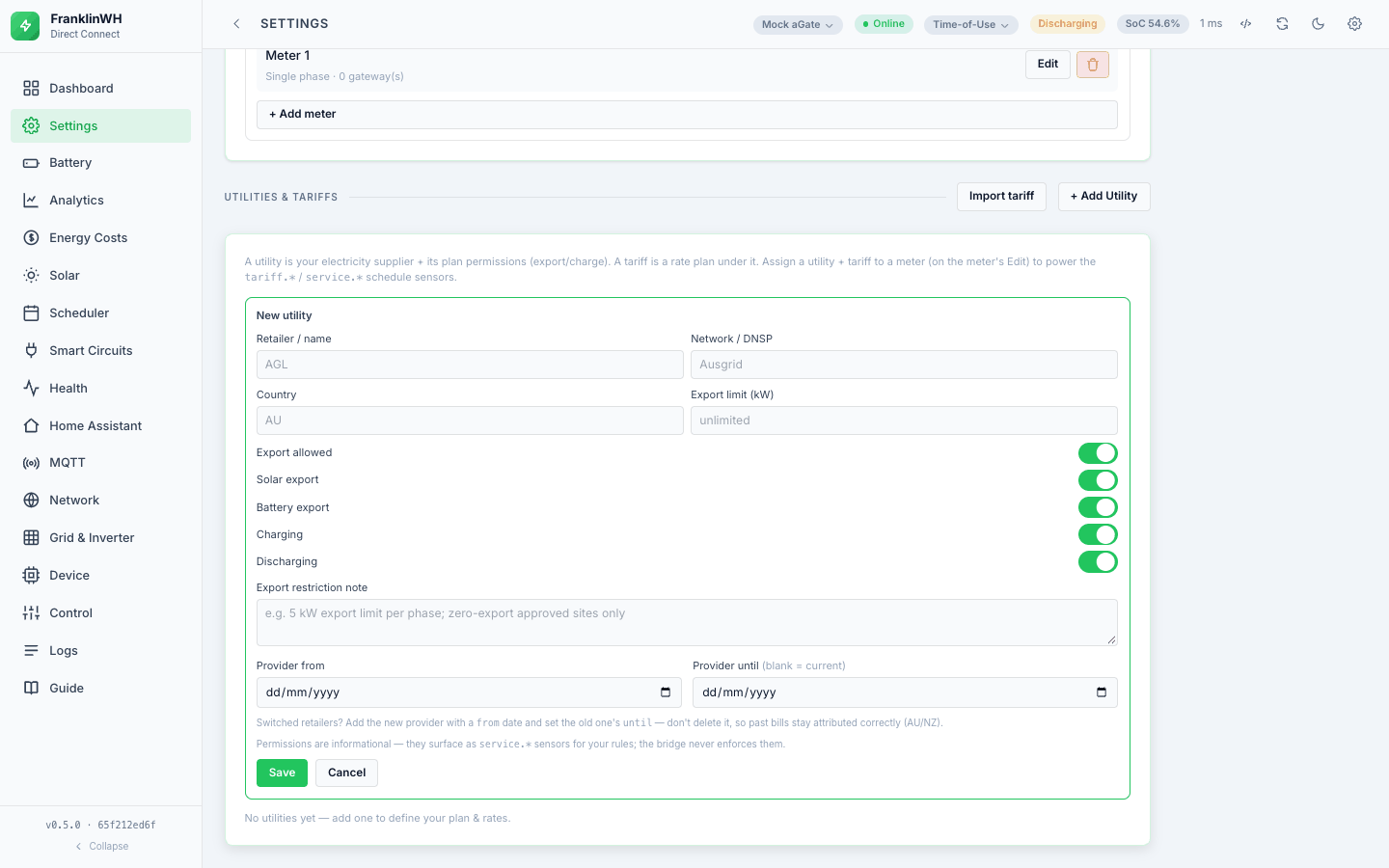 Settings → Sites & Billing → Utilities & Tariffs: a new utility