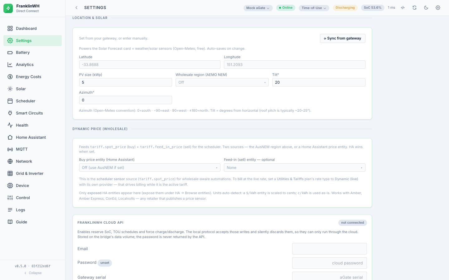 Settings → Integrations → Location & Solar