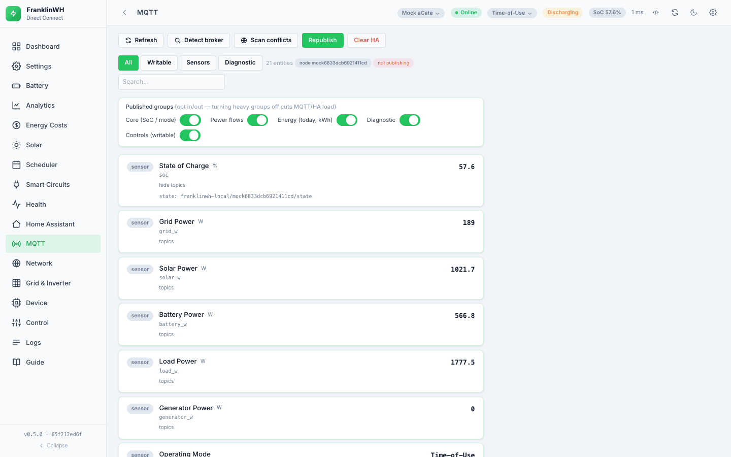 The MQTT tab with an entity's topics expanded