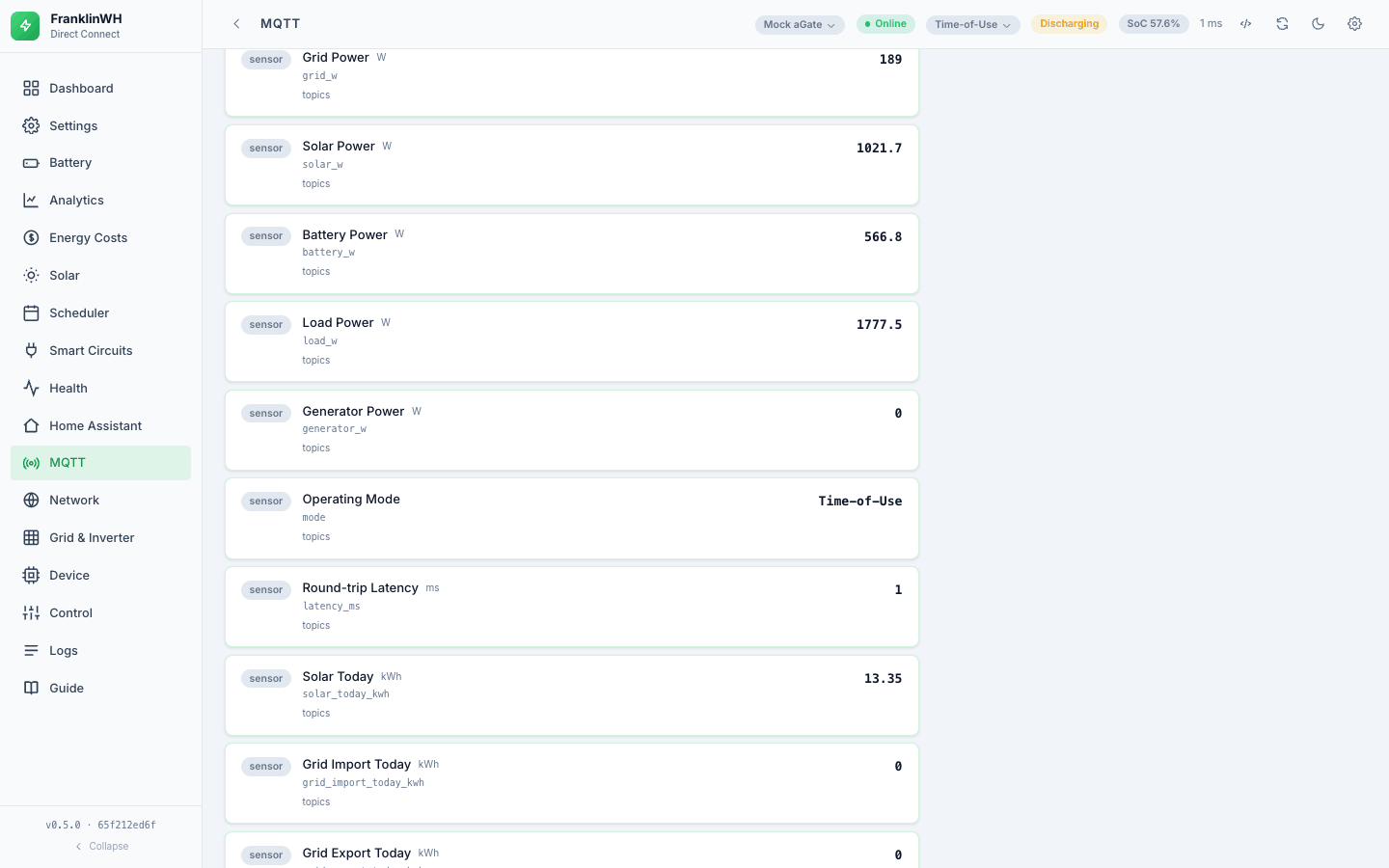 The MQTT tab's entity list