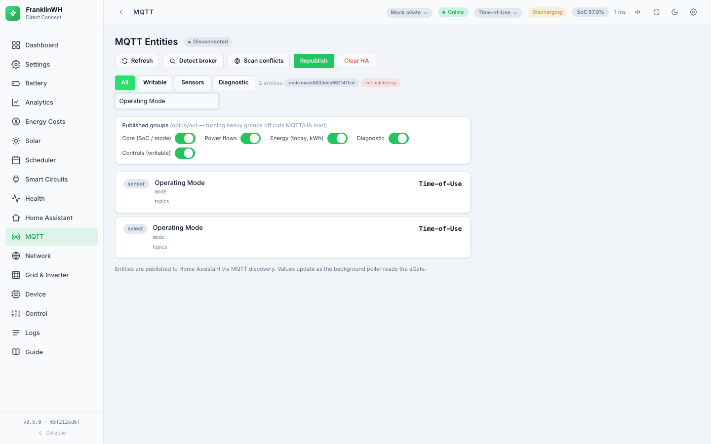 Searching the MQTT tab for Operating Mode: one sensor and one select