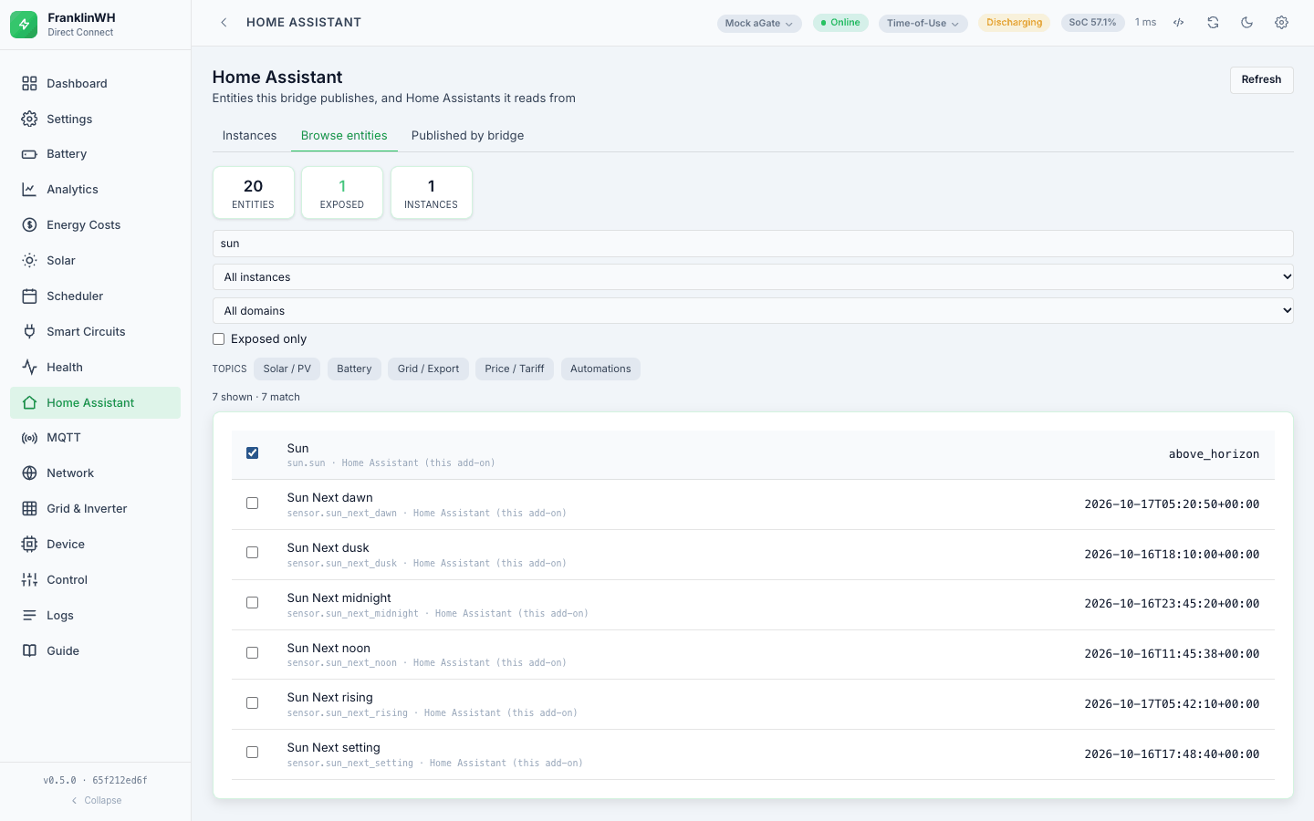Browse entities, with sun.sun exposed to the scheduler