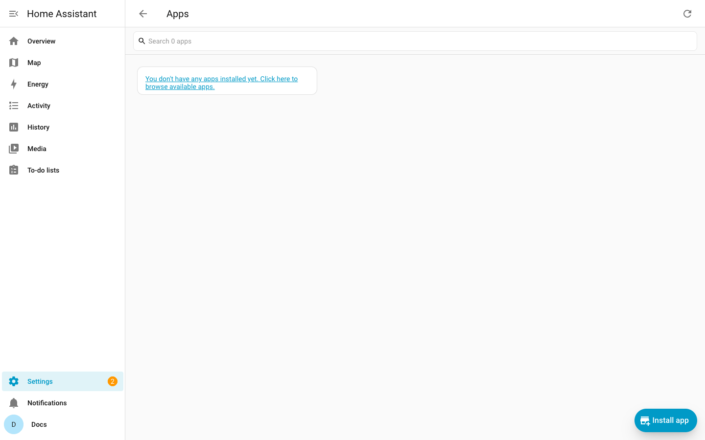 Settings → Apps, with nothing installed yet
