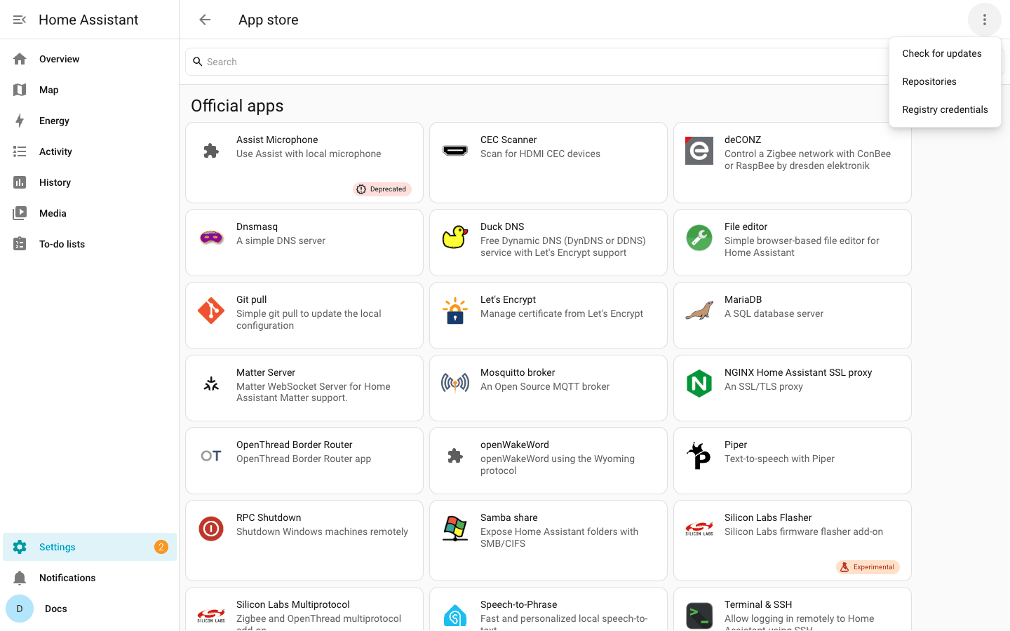 The App store's menu: Check for updates, Repositories, Registry credentials