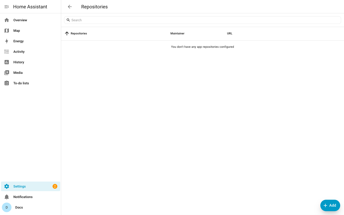 The Repositories page, empty