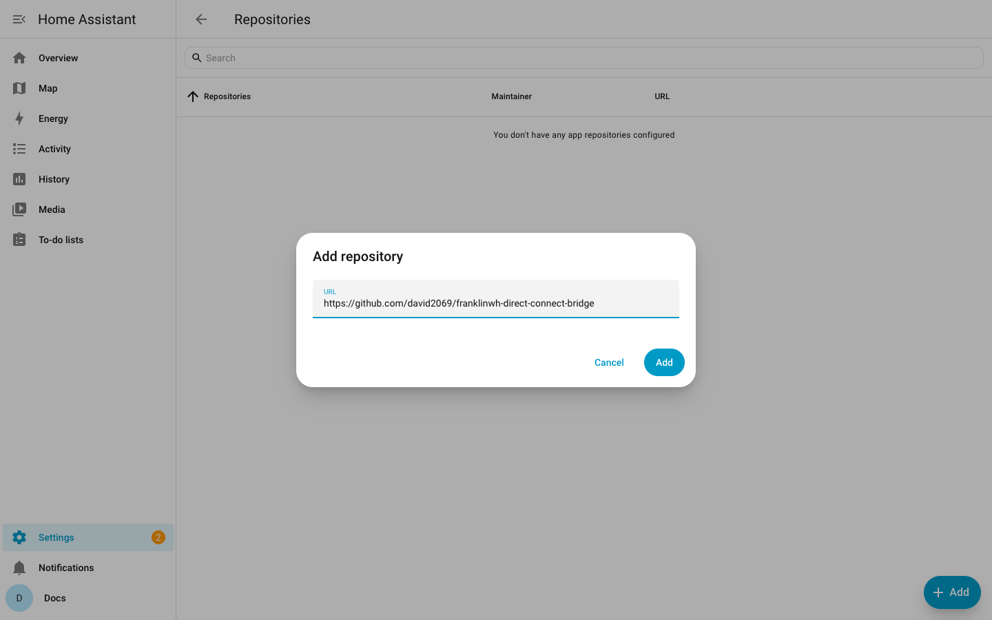 The Add repository dialog with the bridge's URL