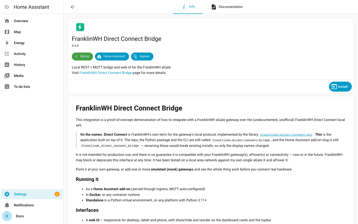 The bridge's app page before installing