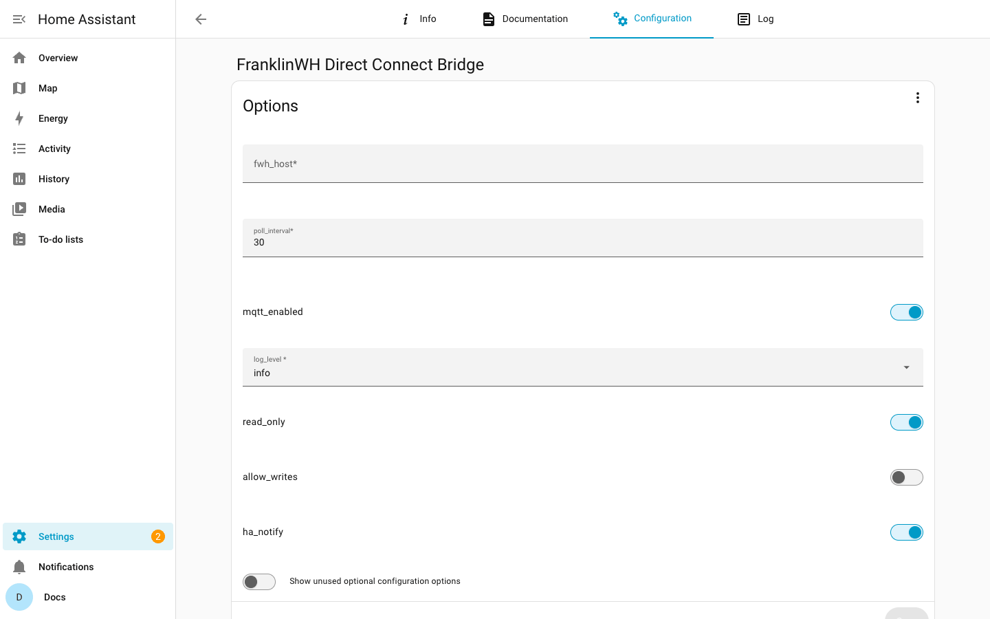 The add-on's Configuration tab with its defaults