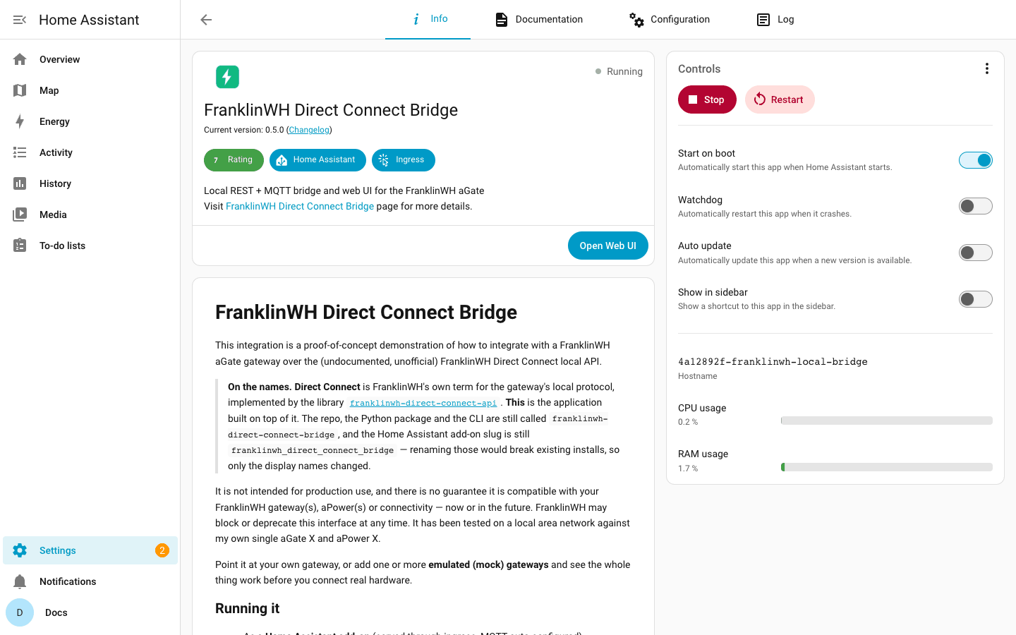 The bridge running, with Open Web UI