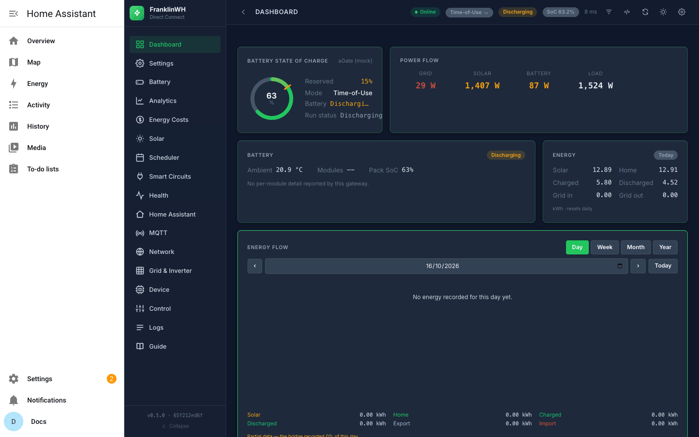 The Dashboard inside Home Assistant, with the mock live