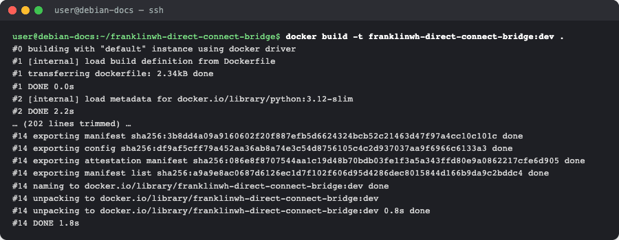 docker build, start and end of the output