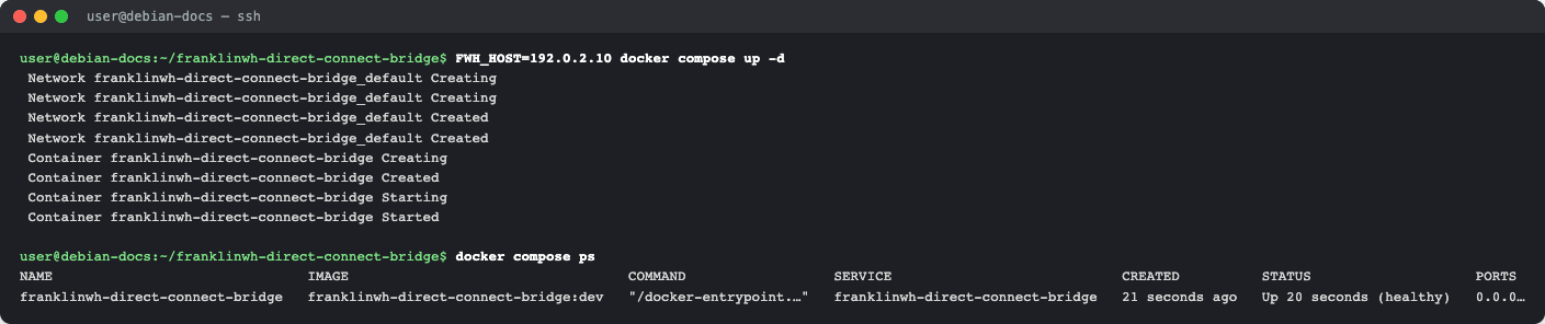 docker compose up -d, and docker compose ps showing the container healthy