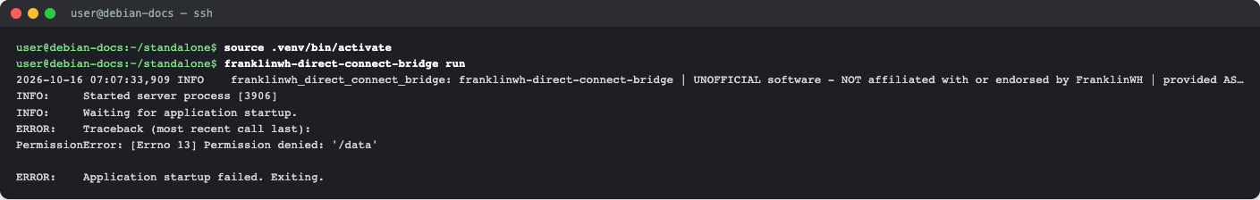 The run failing with PermissionError on /data