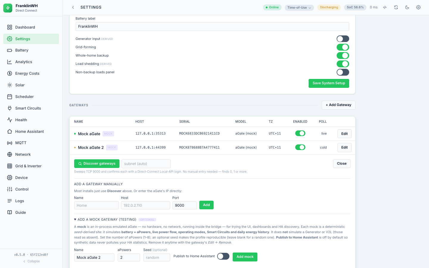 Settings → Gateways with two mock gateways