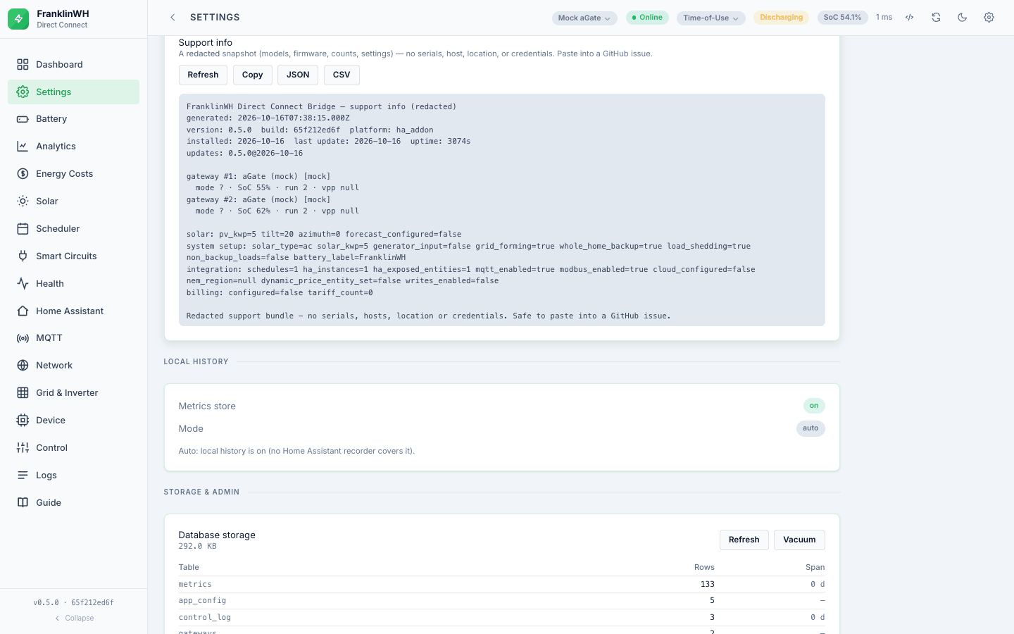 Settings → Admin → Support info: version, build and a redacted summary