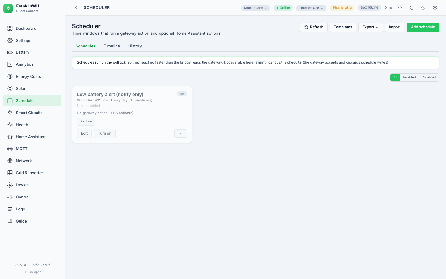 The Schedules view: a schedule card with Explain, Edit, Turn on and the ⋮ menu