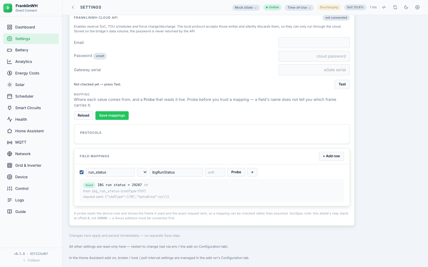 Settings → Integrations → Mapping: a Probe of ibgRunStatus showing the value, cmdType and request sent