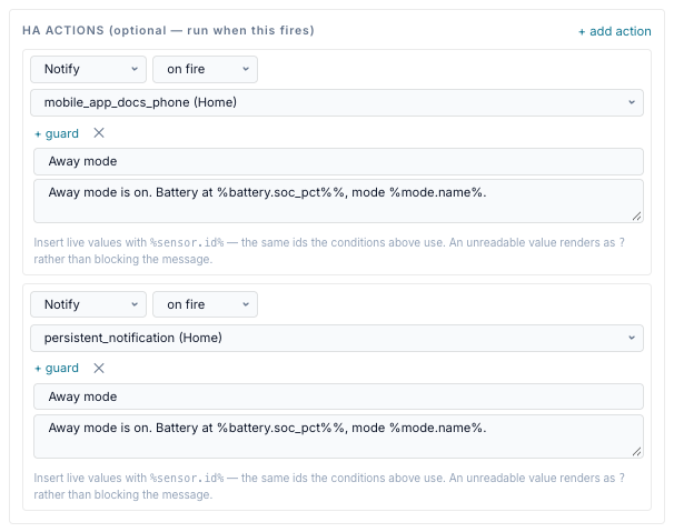 Two Notify actions: a phone and Home Assistant's notification panel