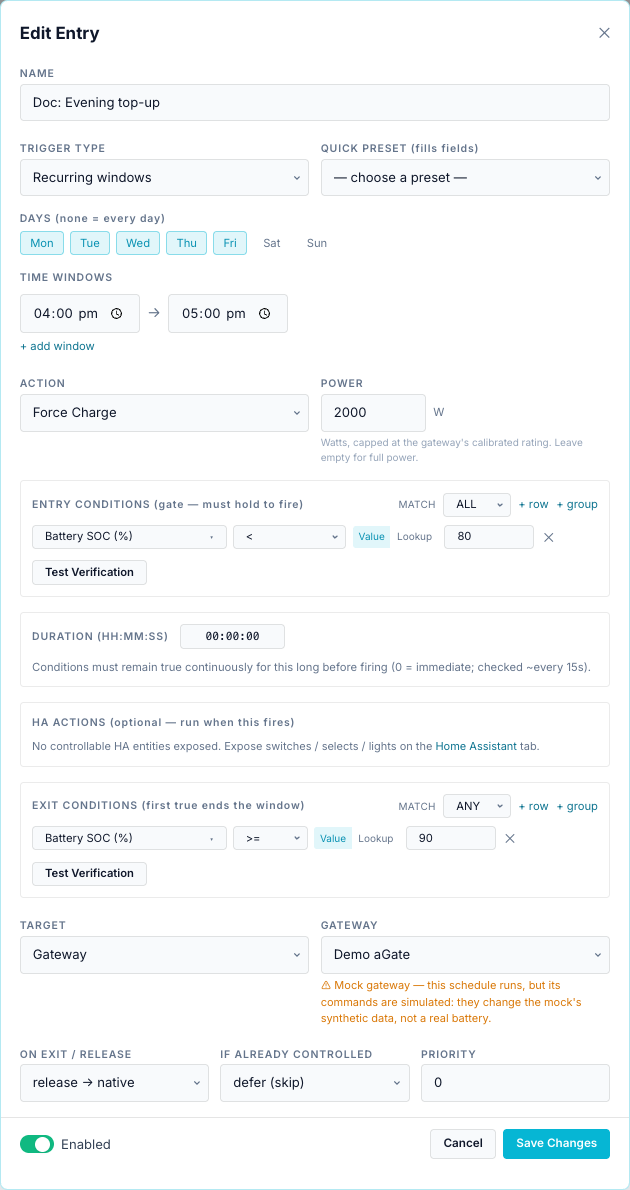 The Evening top-up entry, filled in