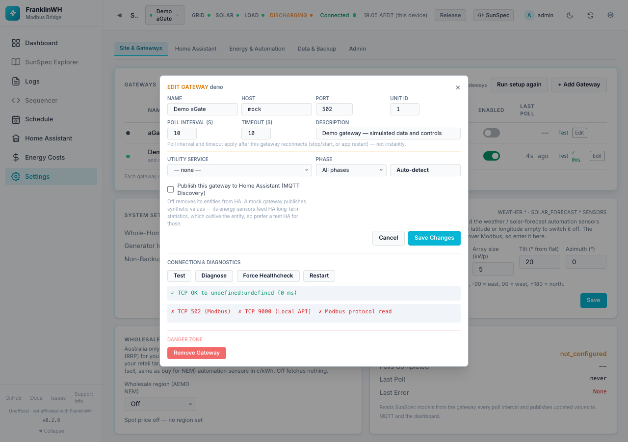Edit Gateway, demo gateway after Test and Diagnose
