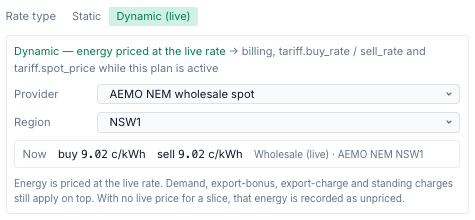 Dynamic pricing from the NEM spot