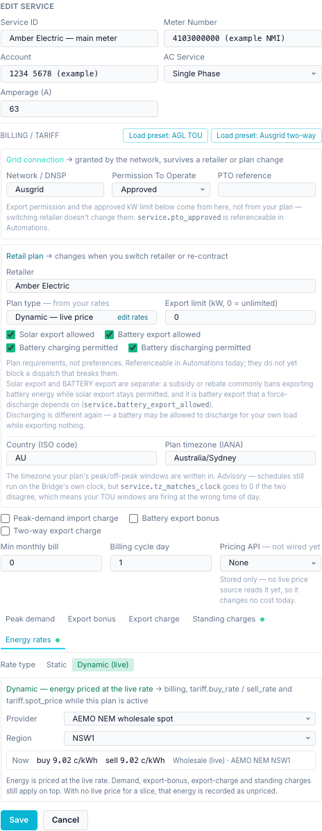 The Amber service in the editor