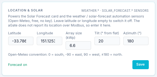 Location & Solar saved