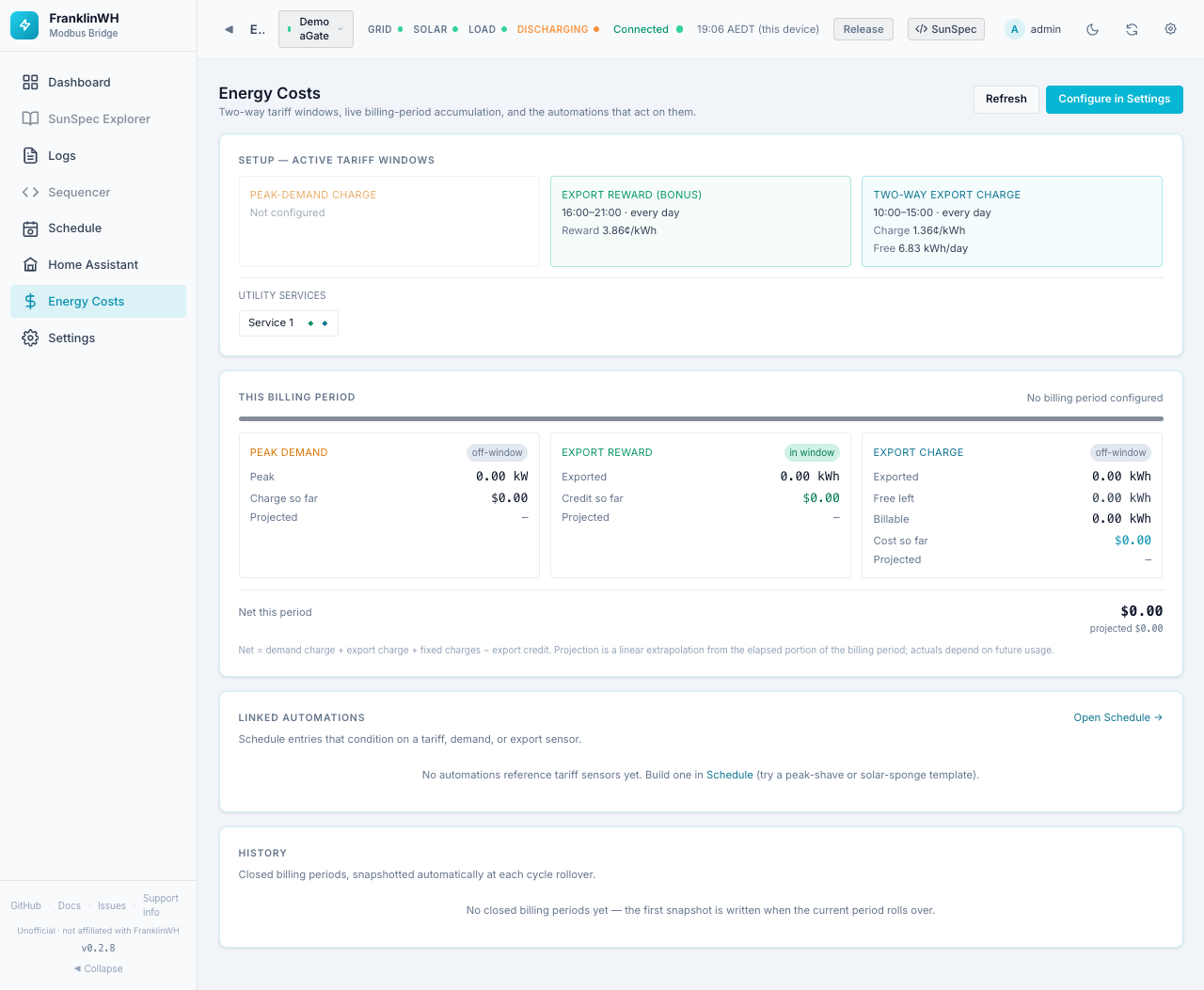 Energy Costs with the Ausgrid two-way preset