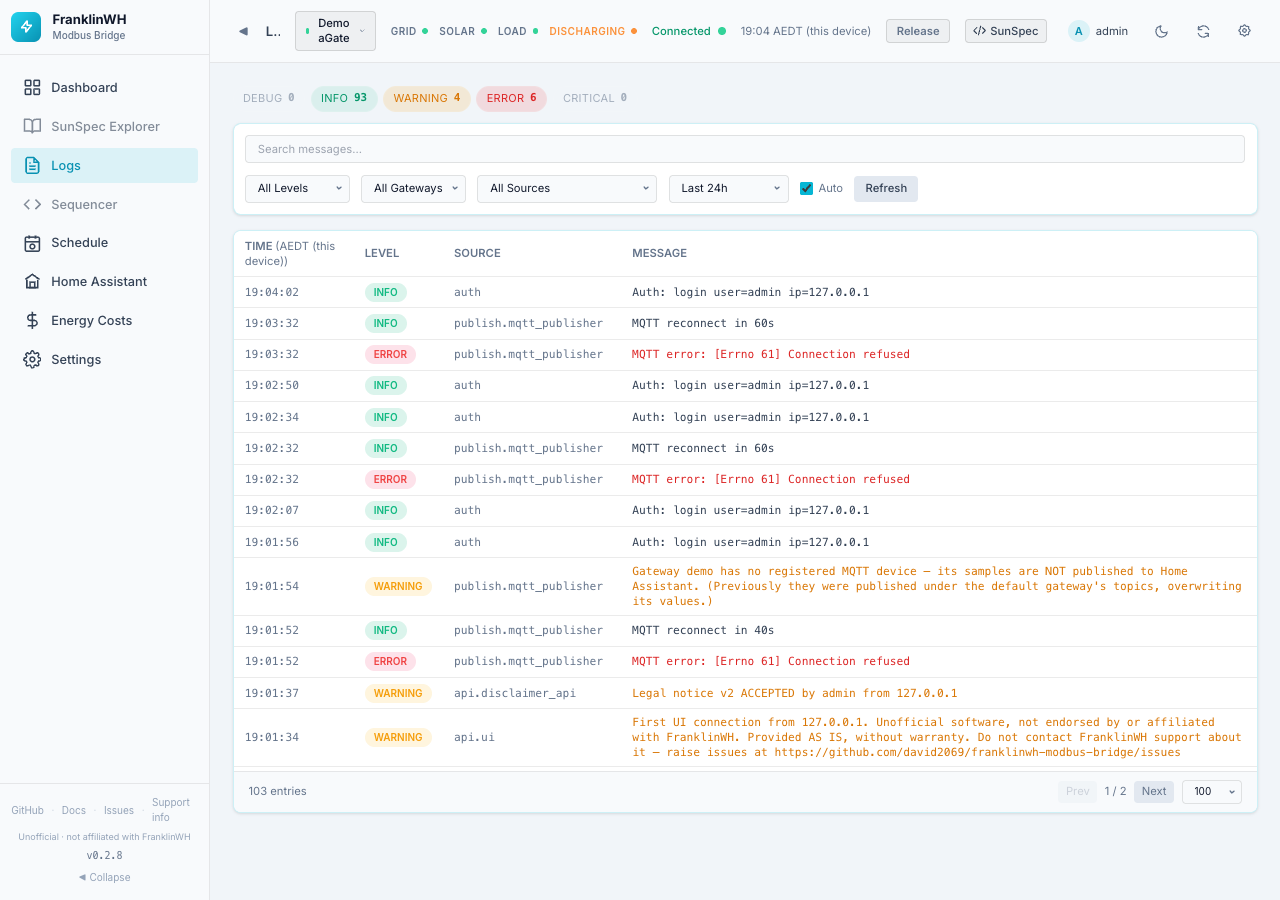 Logs page