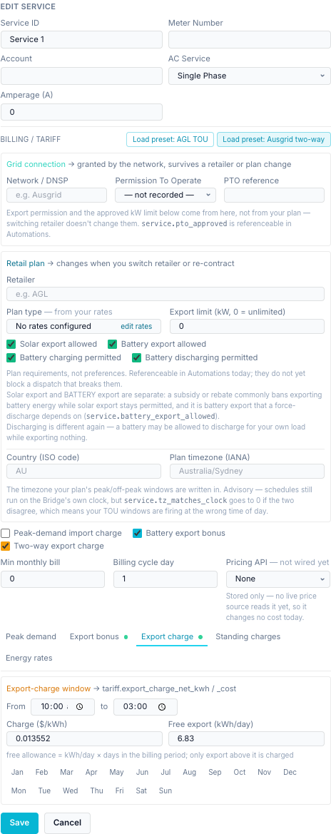 Export charge tab