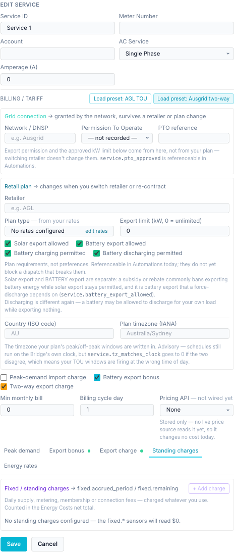Standing charges tab